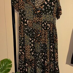 Pull&Bear Black Floral Patchwork Dress with Mustard Accents